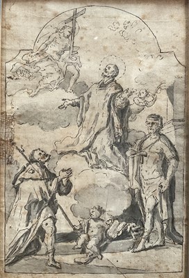 Lot 267 - Old Master type, pen, ink and wash drawing on woven paper - The Adoration, 20cm x 13cm, in glazed frame, gallery labels verso