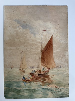 Lot 53 - English School, 19th century, watercolour on card, sailing boats. Unframed. 33 x 23cm.