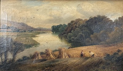 Lot 146 - Victorian oil on canvas, harvest landscape with a lake and sheep grazing, signed J. Morris, 29 x 49.5cm excluding frame