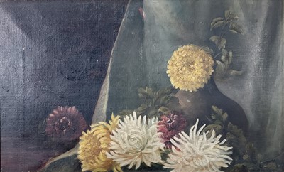 Lot 143 - Victorian oil on canvas, still life study, chrysanthemums and vase. 24 x 39.5cm excluding frame
