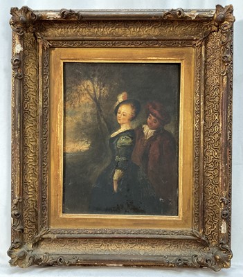 Lot 147 - 18th or early 19th century oil on wood panel, courting couple in a wooded landscape. 22 x 17cm excluding frame