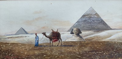 Lot 195 - Early 20th century Egyptian Grand Tour, a view of the Sphinx and Pyramids, watercolour on paper. Indistinctly signed lower left, 14 x 29cm, mounted