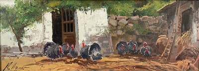Lot 211 - Turkeys in a farmyard, oil on board, signed lower left. 16 x 45cm excluding frame