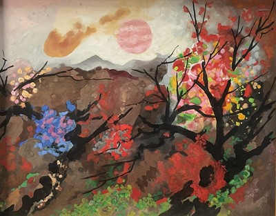 Lot 116 - Mid-20th century, decorative mountainous landscape with flowers and trees, gouache on paper. Gallery label verso. 39.5 x 49.5cm excluding frame