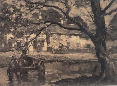Lot 117 - Frank Mura, American, b.1861. Horses with carts beside farm and cottages, a tree in the foreground. Charcoal on paper. 30 x 42cm excluding frame