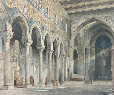 Lot 187 - 19th century Grand tour watercolour, the interior view of an Abbey, watercolour on paper, signed lower left. 34.5cm x 41.5cm excluding frame