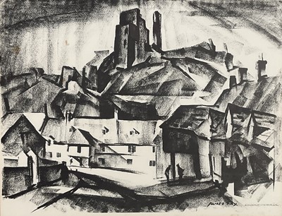 Lot 215 - James Fry, 1911-1985. Black lithograph, c.1960’s, view of Corfe Castle. Signed within lithograph lower right. In period frame. 31 x 39cm excluding frame