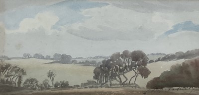 Lot 213 - Malcolm Arbuthnot, 1877-1967, watercolour of a landscape with rolling fields and trees, watercolour on paper, signed lower right. 12.5cm x 26.5cm excluding frame