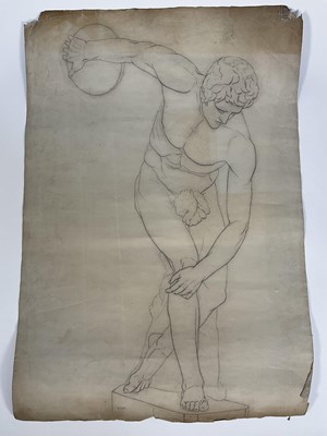 Lot 55 - Large late 19th century graphite nude study after the antique, ‘the Discus thrower’, with Kensington school examination stamp. Unframed. 70cm x 41.5cm