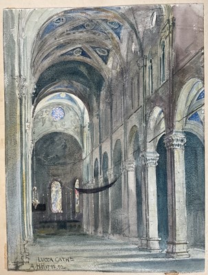 Lot 141 - Collection of 19th century Grand Tour architectural drawings, including an interior study of Lucca Cathedral dated 1882, a similar interior study and a watercolour of abbey ruins signed lower le...