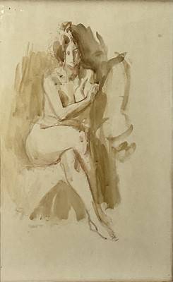 Lot 144 - Female nude study, red pen and watercolour wash on paper, a nude female seated on draped stool with her arm resting on shoulder, signed “Keene” and dated lower left. 47 x 29.5cm excluding frame<...