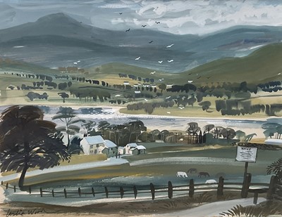 Lot 188 - Leslie Wood, British, 1920-1994. Extensive hilly landscape, with a farm beside lake, gouache on paper, signed lower left. 28 x 50cm excluding frame
