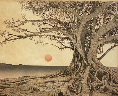 Lot 29 - Michael Arth, American, b.1953. “Tropical Fig Tree”, 1975, original hand coloured etching. 44 x 54cm excluding frame. In glazed frame.