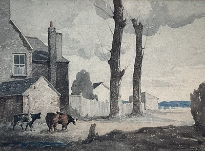 Lot 386 - Bertram Nicholls PRBA, British, 1883-1974. Watercolour on heavy paper, cows beside farmhouse and trees, signed and dated ’35 lower right. The Fine Art Society label verso, inscribed “Beeding Sus...