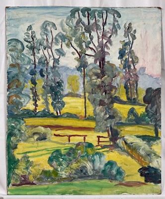 Lot 217 - Early - mid 20th century surrealist oil on board, fields with tall trees. Unframed. 55.5cm x 46cm