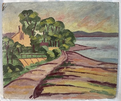 Lot 114 - Early - mid 20th century surrealist oil on board, landscape with a house beside a lake. Unframed. 51 x 61cm