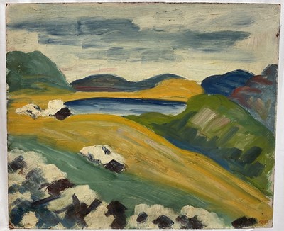 Lot 26 - Early - mid 20th century surrealist oil on board, a mountainous landscape with and lake. Unframed, indistinctly signed. 51 x 61cm