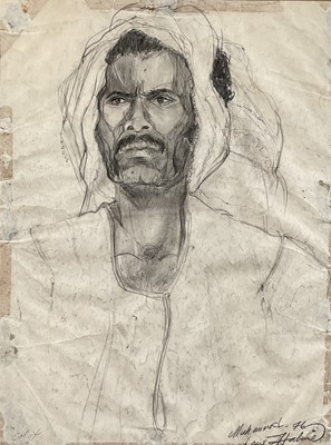 Lot 218 - Graphite on paper portrait of an eastern man, titled “Muhammed”, inscribed and dated ’76 lower right. 48.5cm x 37cm excluding frame