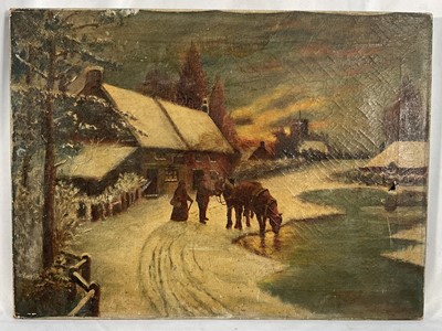 Lot 54 - 19th century oil on canvas, a horse watering at a river beside cottages in a snowy village at sunset. Unframed. 30.5 x 41cm