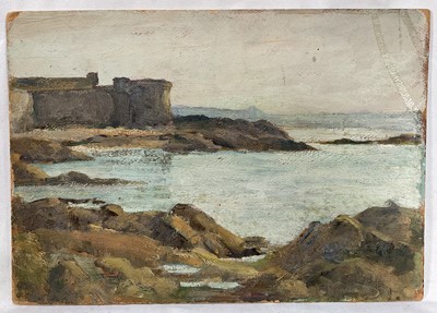 Lot 52 - 19th century plein air impressionist double sided oil on panel, a view of a beach cove with rocky surroundings, verso a river with boat beside rushes and bridge in the distance, inscribed verso....