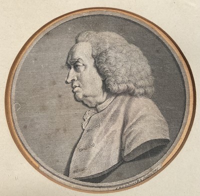 Lot 209 - Samuel Johnson, 1709-1784, English writer best known for “Dictionary of the English Language”. 18th century portrait engraving, by Bartolozzi, 1785. In Hogarth frame, old Sotheby’s label verso....