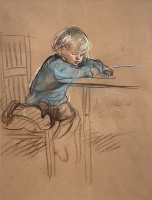 Lot 208 - Early 20th century, pastel drawing on paper, a young boy seated at a table drawing. Indistinctly signed and inscribed. 34.5 x 26cm excluding frame