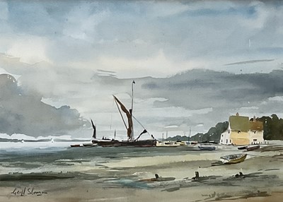 Lot 142 - Geoff Sloman, East Anglian, 20th century watercolour - Boats on a low tide, Pin Mill, signed, 25cm x 35cm, glazed frame