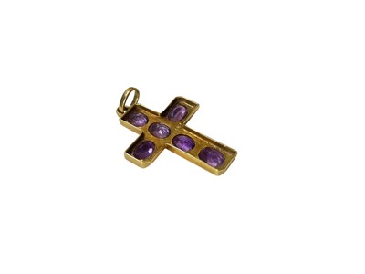 Lot 59 - 18ct gold and amethyst cross pendant with six oval mixed cut amethysts in an 18ct gold setting, 36mm