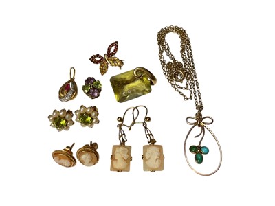 Lot 63 - Group of 9ct gold jewellery to include gem set pendants, gem set butterfly brooch, two pairs of cameo earrings, pair of peridot and seed pearl flower head earrings and a turquoise pendant on cha...