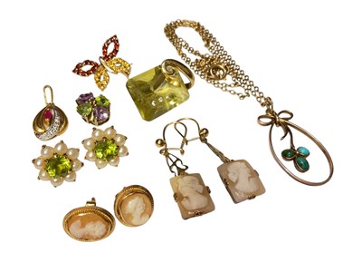 Lot 63 - Group of 9ct gold jewellery to include gem set pendants, gem set butterfly brooch, two pairs of cameo earrings, pair of peridot and seed pearl flower head earrings and a turquoise pendant on cha...