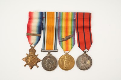 Lot 31 - First World War 1914 'Mons Star' medal group comprising 1914 Star with 5th Aug. - 22nd Nov. 1914 clasp, named to 2180 L. CPL. G. Bishop 2/DNS., War and Victory medal