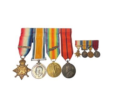 Lot 31 - First World War 1914 'Mons Star' medal group comprising 1914 Star with 5th Aug. - 22nd Nov. 1914 clasp, named to 2180 L. CPL. G. Bishop 2/DNS., War and Victory medal
