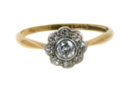 Lot 568 - 1920s diamond daisy cluster ring with old cut and single cut diamonds in platinum setting on 18ct gold shank