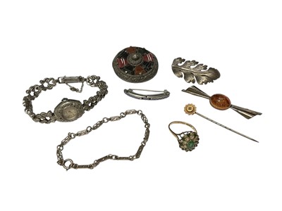 Lot 122 - 9ct gold dress ring, silver brooches, Miracle hardstone brooch, white metal bracelet, Victorian stick pin and a Rotary marcasite cocktail watch