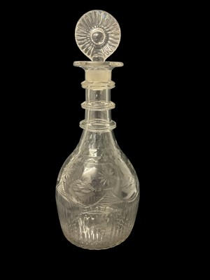 Lot 150 - George III Irish cut glass ring neck decanter with target stopper, 28cm overall