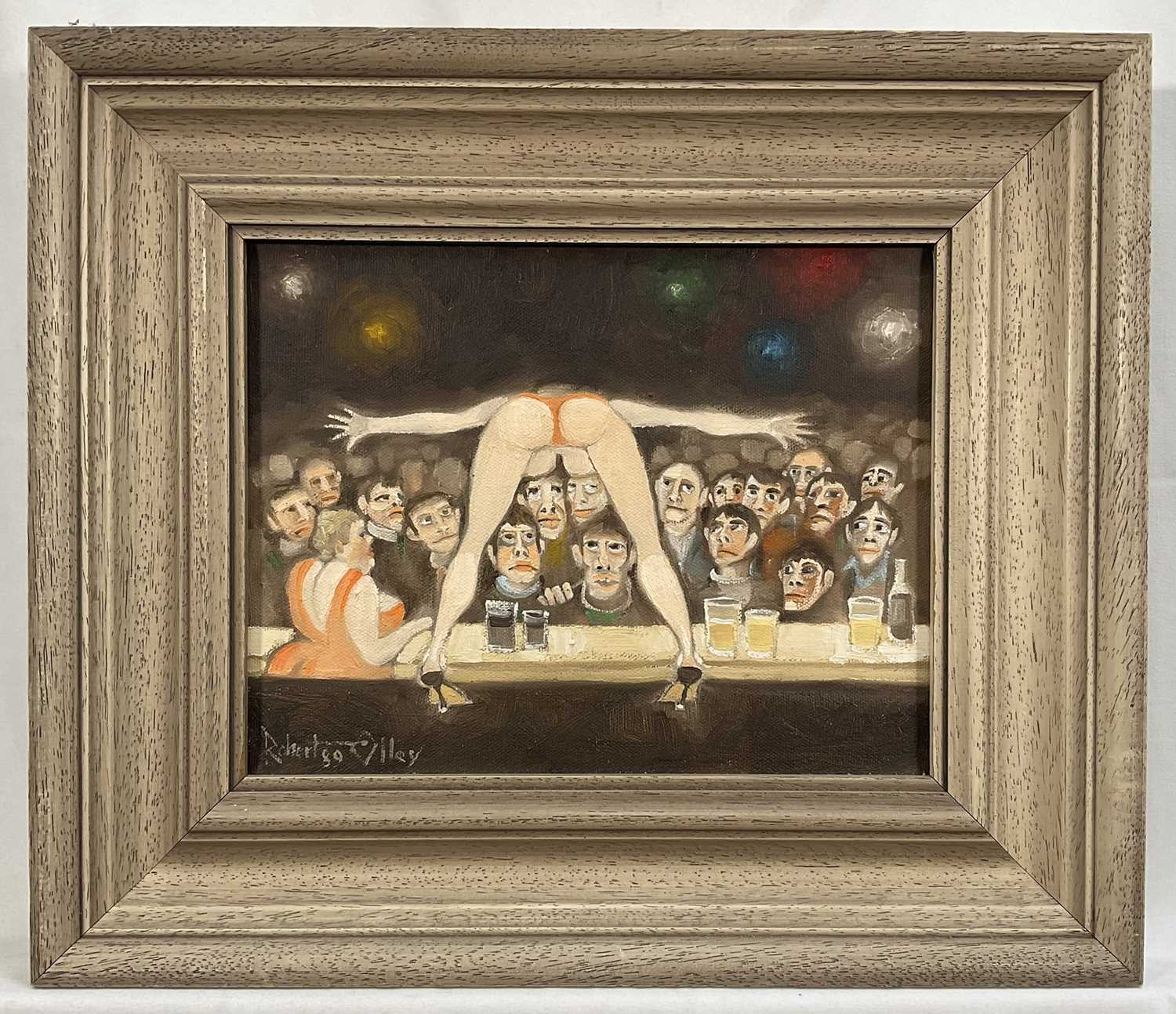 Lot 115 - Robert Olley (b. 1940) oil on canvas - 'Topless Go Go Dancer - At The Brunswick Bar' signed and dated 1989, 20cm x 25cm, framed