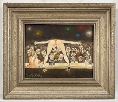 Lot 115 - Robert Olley (b. 1940) oil on canvas - 'Topless Go Go Dancer - At The Brunswick Bar' signed and dated 1989, 20cm x 25cm, framed
