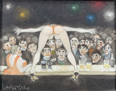 Lot 115 - Robert Olley (b. 1940) oil on canvas - 'Topless Go Go Dancer - At The Brunswick Bar' signed and dated 1989, 20cm x 25cm, framed