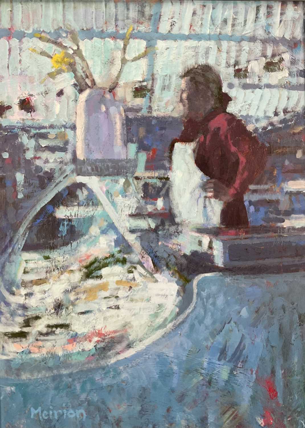 Lot 119 - Meirion Jones (Welsh, born 1966) oil on board - 'Fishmonger', 50cm x 38cm, signed, framed