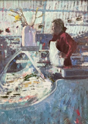 Lot 119 - Meirion Jones (Welsh, born 1966) oil on board - 'Fishmonger', 50cm x 38cm, signed, framed