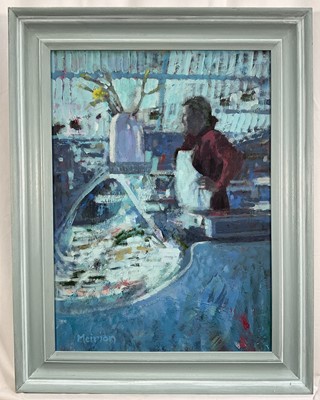 Lot 119 - Meirion Jones (Welsh, born 1966) oil on board - 'Fishmonger', 50cm x 38cm, signed, framed
