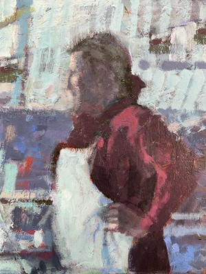 Lot 119 - Meirion Jones (Welsh, born 1966) oil on board - 'Fishmonger', 50cm x 38cm, signed, framed