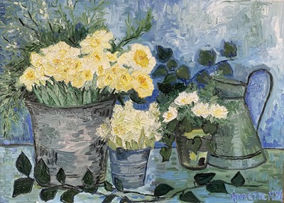 Lot 8 - 20th Century oil on canvas - still life of flowers and a jug, signed Happiette M, dated '94, 50cm x 70cm, unframed