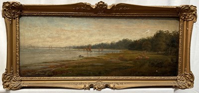 Lot 1346 - Hester Elizabeth Ward (1852-1931) oil on canvas - On the Banks of The Orwell, signed, 20cm x 51cm, in gilt frame