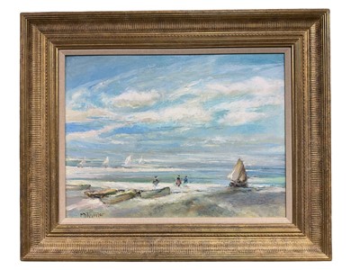 Lot 4 - Michael D'Aguilar (1924-2011) oil on board - figures and boats on a beach, signed, further signed and titled verso, 46cm x 61cm, in gilt frame