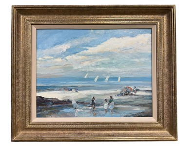 Lot 1 - Michael D'Aguilar (1924-2011) oil on board - children in a rock pool, signed, further signed and titled verso, 35.5cm x 45.5cm, in gilt frame