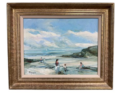 Lot 5 - Michael D'Aguilar (1924-2011) oil on board - a family on the beach, signed, further signed and titled verso, 35.5cm x 45.5cm, in gilt frame