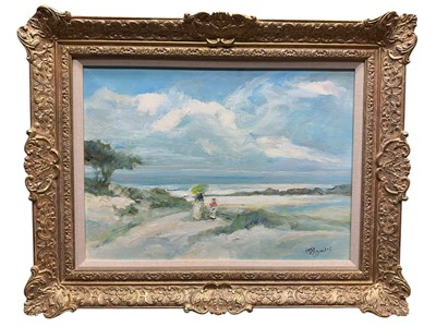 Lot 3 - Michael D'Aguilar (1924-2011) oil on canvas - figures on a beach, signed, further signed verso, 41cm x 56cm, in gilt frame