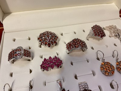 Lot 76 - Group of Gemporia silver garnet and other gem set dress rings, earrings and pendants in a fitted ring display case