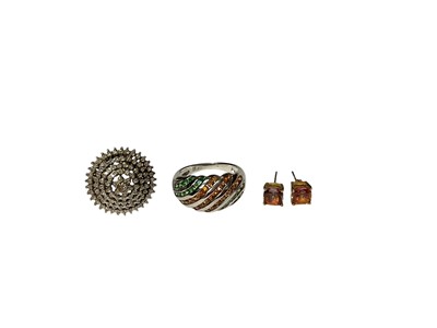 Lot 79 - 9ct gold diamond tiered cluster ring, 9ct white gold multi-gem set bombé style ring and pair of 9ct gold gem set stud earrings
